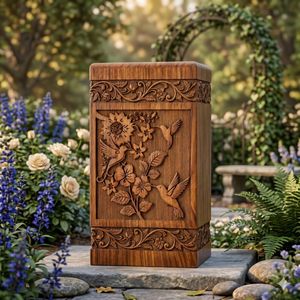 Urna Funeraria de Madera Hecha a Mano con Tallado Floral de Pájaro, Caja Conmemorativa para Entierro - Product Image 3