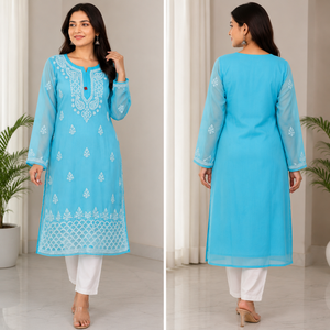 Premium Sky <b>Blue</b> Hand Embroidered Georgette Lucknowi Chikankari Straight Kurti - Elegant Ethnic <b>Tunic</b> Top - Product Image 3