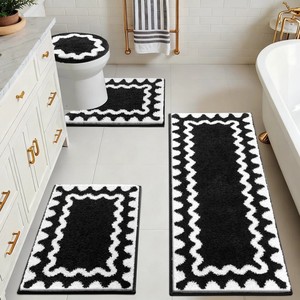 Modern Geometric Cotton Bath <b>Mat</b> <b>Set</b> 3-Piece Rectangle Non-Slip Rubber Backed Thick Tufted Black White Home Use - Product Image 4