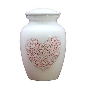 White Porcelain Pet Urn With Red Heart Butterfly Design Teardrop Shape Airtight Lid Simple Style - Product Image 2