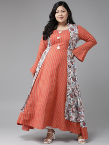 Kurta Anarkali en rayonne à motifs floraux multicolores, col mandarin, manches trois quarts, tenue fluide et douce pour femmes grandes tailles - Product Image 1