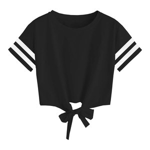 Haut court noir pour femme, manches courtes, col rond, tricoté 100% coton, couleur unie, noué devant, séchage rapide, respirant, idéal pour l'été - Product Image 1