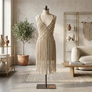 Vestido de una pieza hecho a mano con flecos de macramé, estilo bohemio, para playa, 100% algodón, con escote descubierto, talla grande - Product Image 2