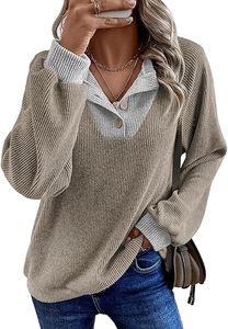 Womens Spring Fashion 2026 Womens Long Sleeve <b>Shirts</b> <b>Patchwork</b> Button Up V Neck Sweatshirt Casual Pullover Tops - Product Image 3