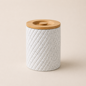 Pot de rangement en céramique de luxe avec couvercle en bambou, texture mouchetée, hermétique, organisateur de cuisine moderne, pot de comptoir, style premium - Product Image 1