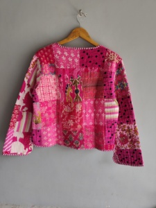 Pink Quilted <b>Patchwork</b> <b>Jacket</b> Women's V-Neck Three Quarter Sleeve Cotton Spring Style Regular Length Hand Embroidery Design gift - Product Image 6