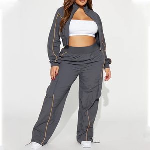 Ensemble de survêtement unisexe grande taille gris uni, pantalon cargo long, veste à capuche, tenue décontractée d'été, écologique et léger - Product Image 1