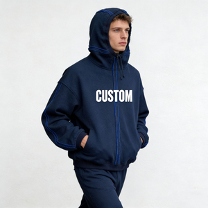เสื้อฮู้ดดี้สีน้ำเงินกรมท่าขนาดใหญ่ ซิปหน้า แต่งตะเข็บสีน้ำเงิน พิมพ์ลายตัวอักษรตามสั่ง เสื้อผ้าลำลองผู้ชาย สตรีทแวร์ สวมใส่สบาย - Product Image 5