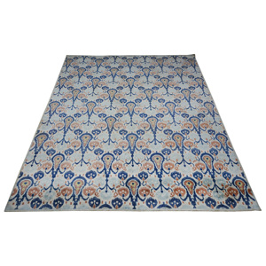 Tapis Damassé Traditionnel en Laine et Soie Noué à la Main Bleu Glacé et Pêche à Poil Court 10' x 14' pour Salon - Product Image 2
