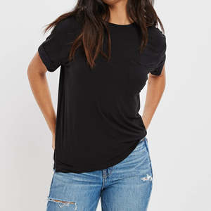 T-shirt court en coton mélangé noir écologique pour femme, doux, respirant, décontracté, été, basique, manches courtes, haute qualité - Product Image 2