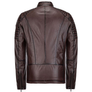 Blouson moto homme en cuir PU bordeaux, col montant, fermeture éclair, coupe ajustée, manches classiques, pour l'automne - Product Image 3