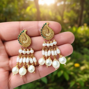 Peacock Style Brass Flower Small Jhumki Drop Earrings-24K Gold Plated Imitation Pearl Tassel Bohemian Wedding Religious Jewelry - Product Image 3