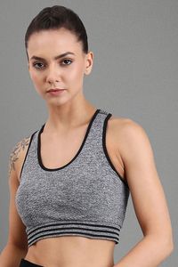 Soutien-gorge de sport gris marbré pour femme avec bordure noire et ourlet rayé, haut d'entraînement sans couture pour le yoga et la gym - Product Image 2