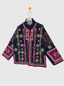 Veste à col mandarin en velours brodée à la main avec des motifs floraux, manches longues, taille plus, vêtements d'hiver pour femmes, style bohème chic - Product Image 2