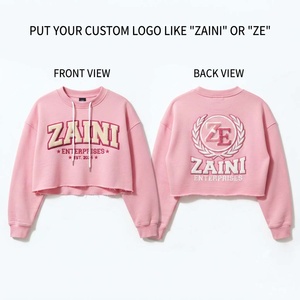 Women Crop <b>Top</b> Sweatshirt 320 GSM Premium Soft Cotton Fleece <b>Pink</b> <b>Cropped</b> Pullover Long Sleeve Custom Applique Embroidery Logo - Product Image 1