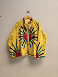 Sunburst Bold Touch Handmade <b>Yellow</b> Suzani Embroidered Velvet Women's Jacket Artisan Statement Embroidered Bohemian Fashion <b>Coat</b> - Product Image 5