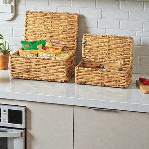 ISLA Set of 2 Nestable Handwoven Rect Flat Coil Hyacinth Lidded Storage <b>Basket</b> Boxes <b>for</b> <b>Shelf</b> Closet and Home Organization OEM - Product Image 2