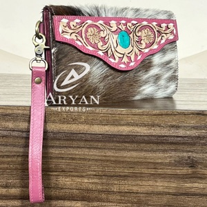 New 2026 Trending Designer <b>Bag</b> Tooled Cowhide Leather Wristlet Clutch Western Floral Wallet Turquoise Concho Hair On Hide Purses - Product Image 1