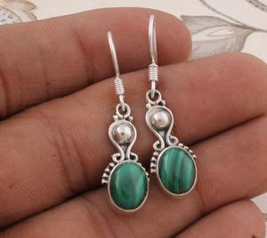 Boucles d'oreilles pendantes en malachite naturelle, argent sterling, bijoux bohèmes, pierre verte naturelle, cadeau de mode pour femme - Product Image 4