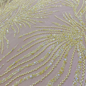 Tela de Encaje con Cuentas Amarillas de Lujo, Bordado a Mano con Lentejuelas y Perlas, Tul de Malla para Vestidos de Noche y de Novia de Alta Gama - Product Image 2
