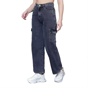Jeans de Mujer Gris Oscuro Lavado, Pierna Ancha, Cintura Alta, Algodón Denim, Ajuste Holgado, Acabado Limpio, Tacto Suave, Pantalones Estilo Urbano - Product Image 5