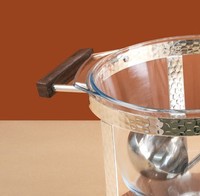 Soupière moderne en verre avec support en métal martelé et base en bois, réchaud de buffet, louche, vaisselle de luxe faite à la main pour mariage et traiteur