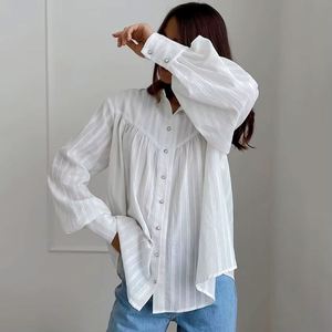 เสื้อเชิ้ตผู้หญิงแบบติดกระดุม ดีไซน์หรูหรา คอปกแบบพับได้ เหมาะสำหรับใส่ทำงานหรือลำลอง ผลิตจากผ้าฝ้าย แขนยาว - Product Image 2