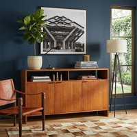 Buffet moderne en teck naturel avec étagère ouverte, armoire à 3 portes, console TV, meuble de rangement pour salon