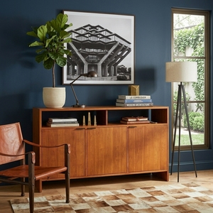 Buffet moderne en teck naturel avec étagère ouverte, armoire à 3 portes, console TV, meuble de rangement pour salon - Product Image 4