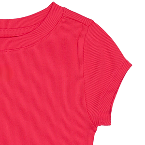 T-shirt côtelé en mélange de coton pour filles, avec détails découpés, manches courtes, col rond, haut décontracté, personnalisable OEM - Product Image 5