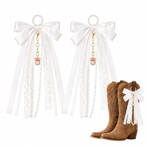Ensemble moderne de 2 pinces décoratives en satin rose avec nœud et dentelle perlée pour bottes de cowgirl, accessoire de fête pour femme - Product Image 2