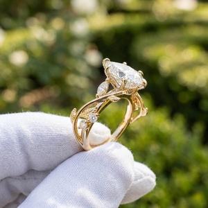 Nature Inspire Marquise Cut Moissanite <b>Tree</b> <b>Branch</b> Leaf Ring 3CT original 925 Silver With Gold Plated Anniversary Gift For Partn - Product Image 4