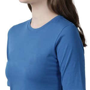 Camiseta de Manga Corta con Cuello Redondo para Mujer, Color Azul Sólido, Informal, Transpirable, Corte Regular, 100% Algodón Jersey, Tejido de Punto, para Todas las Temporadas - Product Image 4