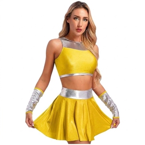 Ensemble de costume de pom-pom girl jaune et argenté deux pièces style soutien-gorge avec manchons assortis imprimés par transfert thermique 100 % polyester pour adultes - Product Image 3