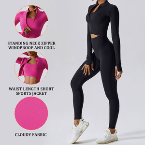 Custom Women 3-Piece Yoga Set Zipper Jacket Sports Bra Leggings Shorts High Waist Front Quick Dry Breathable Four-Way Stretch - Product Image 4
