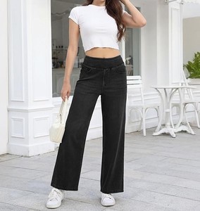 High <b>Waist</b> Wide Leg Cotton Pants Women Full Length Loose Fit Casual Style <b>With</b> Pockets Button Fly Solid Color Summer Wear - Product Image 1