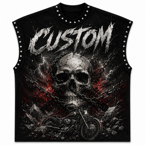 SHH INDUSTRIES Custom Oversized Sleeveless Tank <b>Top</b> <b>Skull</b> Motorcycle Graphic Washed Heavy Cotton Studded Neck Streetwear Vintage - Product Image 5