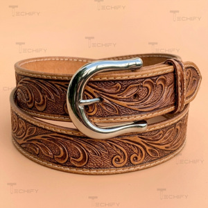 Ceinture de cowboy western en cuir façonnée à la main avec un motif floral en relief et une boucle en argent - Product Image 5