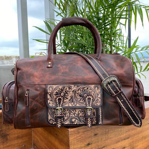 Bolsa de lona grande de cuero de búfalo de grano completo y mecanizado a mano, bolsa de equipaje de noche de cuero genuino, bolsas de viaje de fin de semana para Unisex - Product Image 3