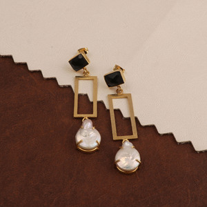 Black Onyx & Pearl Geometric Dangle <b>Earrings</b> Gold Plated Statement <b>Earrings</b> for Women Jewelry - Product Image 5