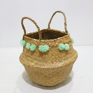 Hot Sales Durable Circle Handmade Palm Leaf <b>Basket</b> Eco-Friendly <b>Foldable</b> Storage Bin with Mint Pom Pom Decor - Product Image 4