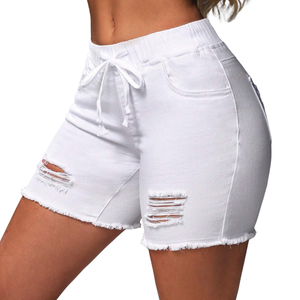 Women's Casual White Denim Shorts Mid <b>Waist</b> Skinny Fit <b>Elastic</b> Drawstring Distressed Raw Hem Quick Dry Breathable Enzyme Wash - Product Image 5