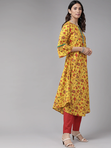 ชุดคุर्ตาผ้าแคมบริคคอตตอนพิมพ์ลายปักกระจกสไตล์เอธนิคแบบดั้งเดิมสำหรับฤดูร้อน สีมัสตาร์ด แห้งเร็ว ป้องกันแสงแดด เหมาะสำหรับงานเทศกาลและสวมใส่สบายๆ - Product Image 5