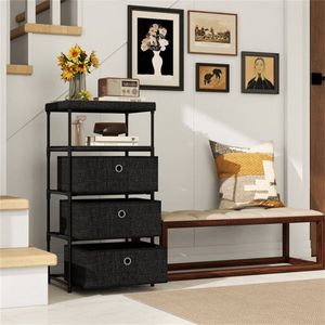Industrial Wood Top Metal Frame Anti-Tipping 3-Drawer Fabric Storage <b>Cabinet</b> Removable Foldable Drawers <b>Rustic</b> Bro Living Room - Product Image 6