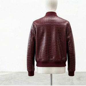 Women's <b>Burgundy</b> Croco Embossed Silk/Cotton Varsity <b>Jacket</b> Full Sleeve Stand Collar Autumn Winter Style Finished - Product Image 6