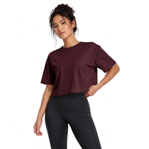Women's <b>Maroon</b> Crop <b>Top</b> Crew Neck Short Sleeve Loose Fit Solid Color Jersey Casual Spring Summer Wear - Product Image 1