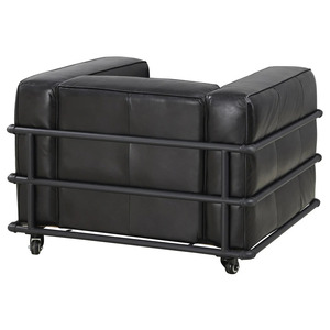 Fauteuil ergonomique moderne en cuir noir avec structure en tube métallique et roulettes pour salon - Product Image 4