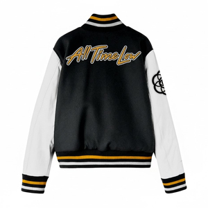 Veste Bomber Rétro Personnalisée SHY OEM en Laine Polaire avec Broderie Jaune, Patchwork et Manches en Cuir Blanc – Manteau d'extérieur - Product Image 2