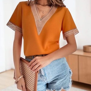 Haut à col en V pour femme, manches courtes, bordure en dentelle, couleur unie, décontracté, été, en viscose et polyester doux, pull-over - Product Image 6