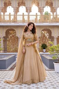 Gold Embroidered Lehenga Choli Silk Wedding Party Outfit V Neck Half Sleeve Floor Length <b>Dress</b> for Women - Product Image 4